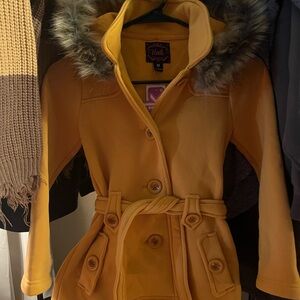 Unik Yellow Trench Coat with Faux Fur Hood and Belted Waist